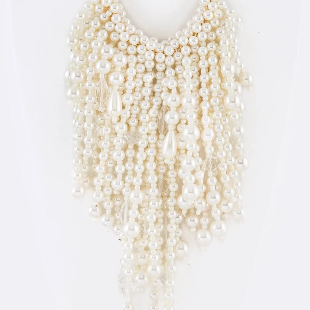 Diamond & Pearl Fringe Bib Statement Necklace